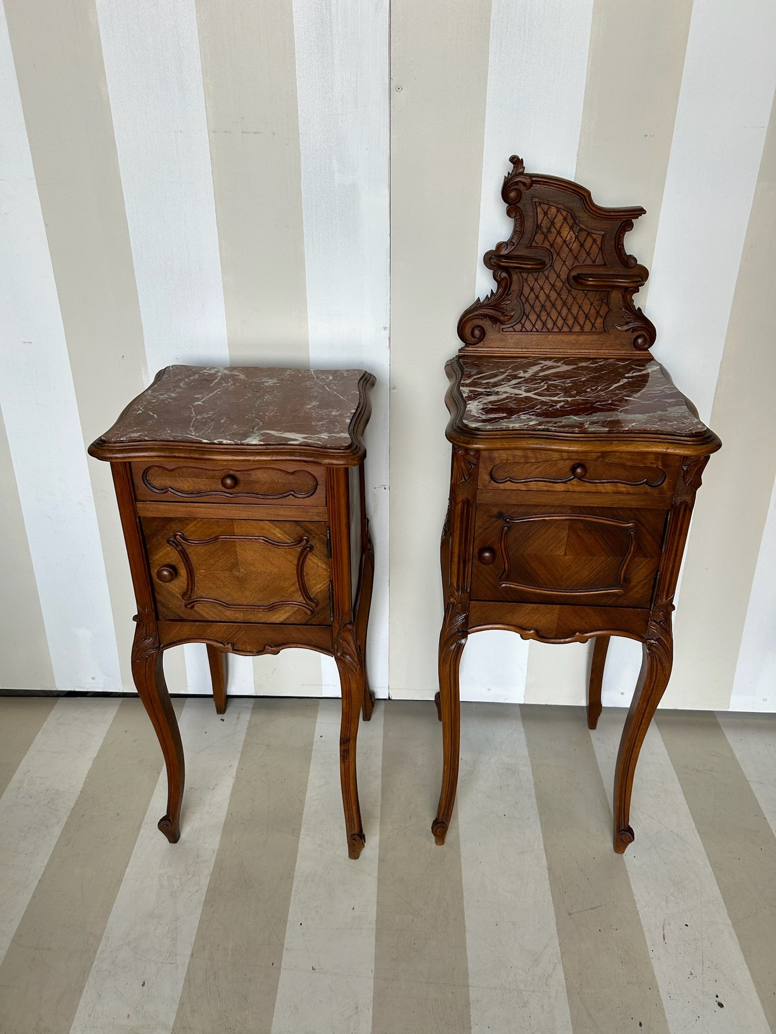 Pair of French Art Nouveau Marble Top Nightstands: Pair of French Art Nouveau Marble Top Nightstands