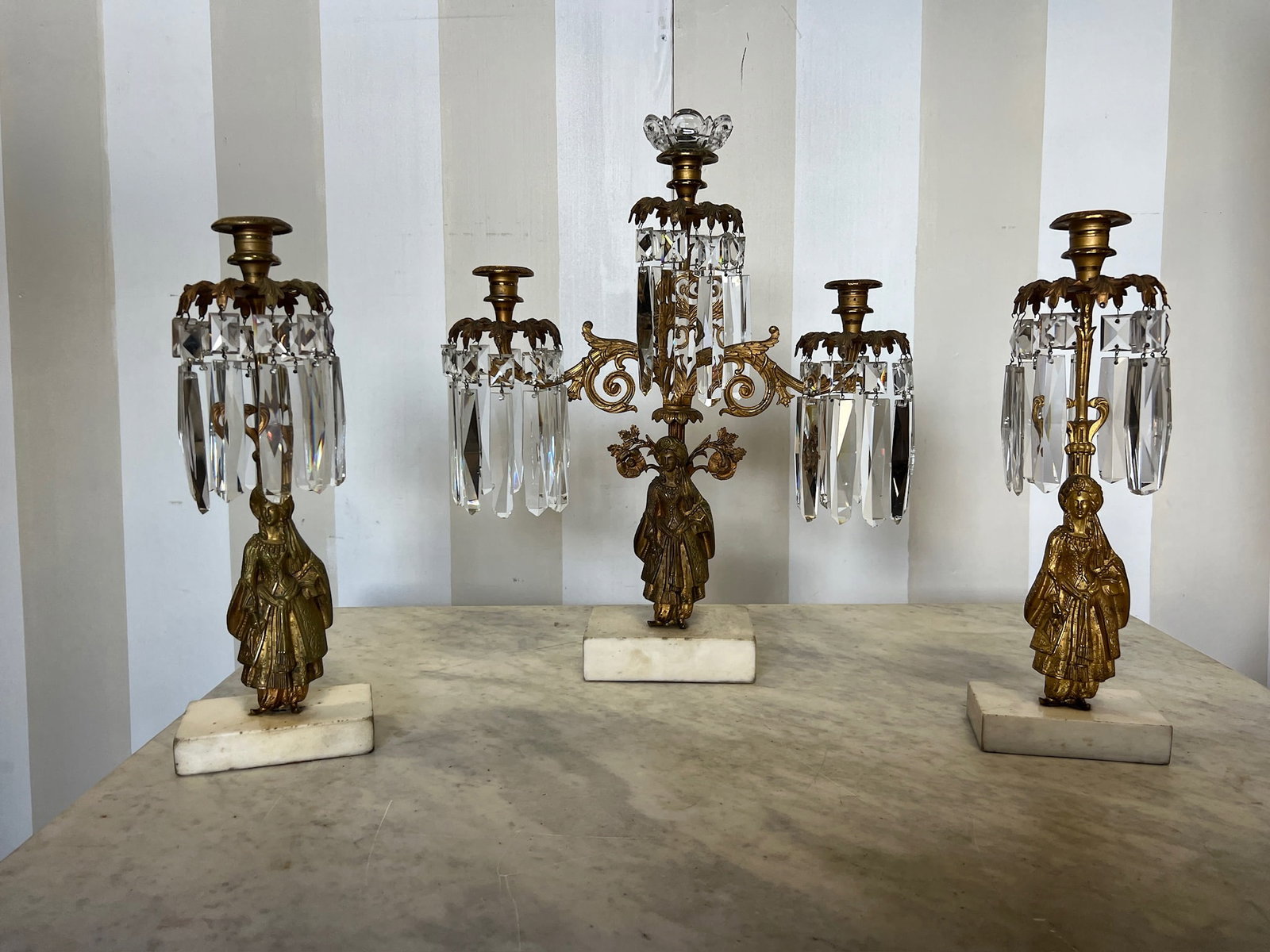 Set of 19th Century French Bronze and Marble Girandoles: Set of 19th Century French Bronze and Marble Girandoles Larger/center- 16 x 3.75 x 19 high2 smaller- 5.25 x 3 x 5 high
