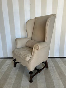 Upholstered 18th-19th Century Wingchair with Killer Shaped Skirt and Turned Legs/ Feet