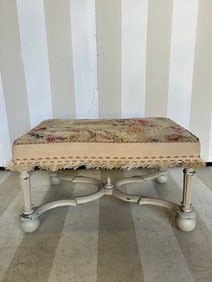 Great little 19th- early 20th Century French Stool with Original Aubusson Flower Bouquet Upholstery