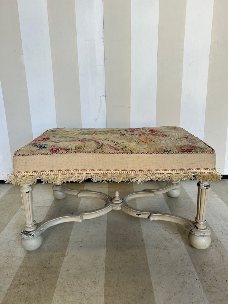 Great little 19th- early 20th Century French Stool with Original Aubusson Flower Bouquet Upholstery (1 of 10)
