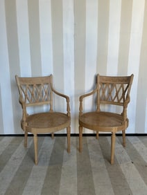 Great Pair of Neoclassical Style Armchairs with Carved Crests and Caned Seats