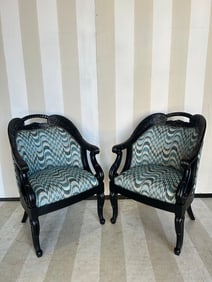 Tres Chic Pair of 19th Century Carved and Ebonized French Fauteuils with Designer Upholstery