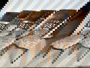 Set of 6 Italian Midcentury Brass Inlaid Walnut Dining Chairs