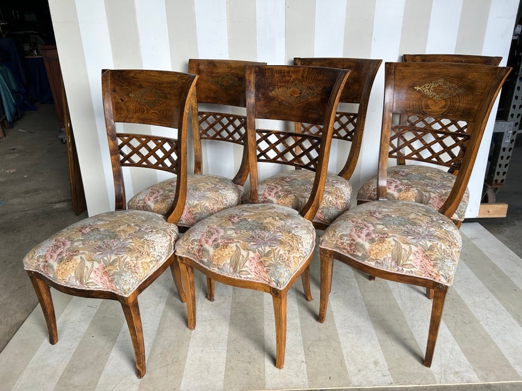 Set of 6 Italian Midcentury Brass Inlaid Walnut Dining Chairs: Set of 6 Italian Midcentury Brass Inlaid Walnut Dining Chairs