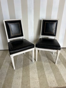 Chic pair of Paint Decorated Directoire Style Chairs with Tooled Leather Upholstery