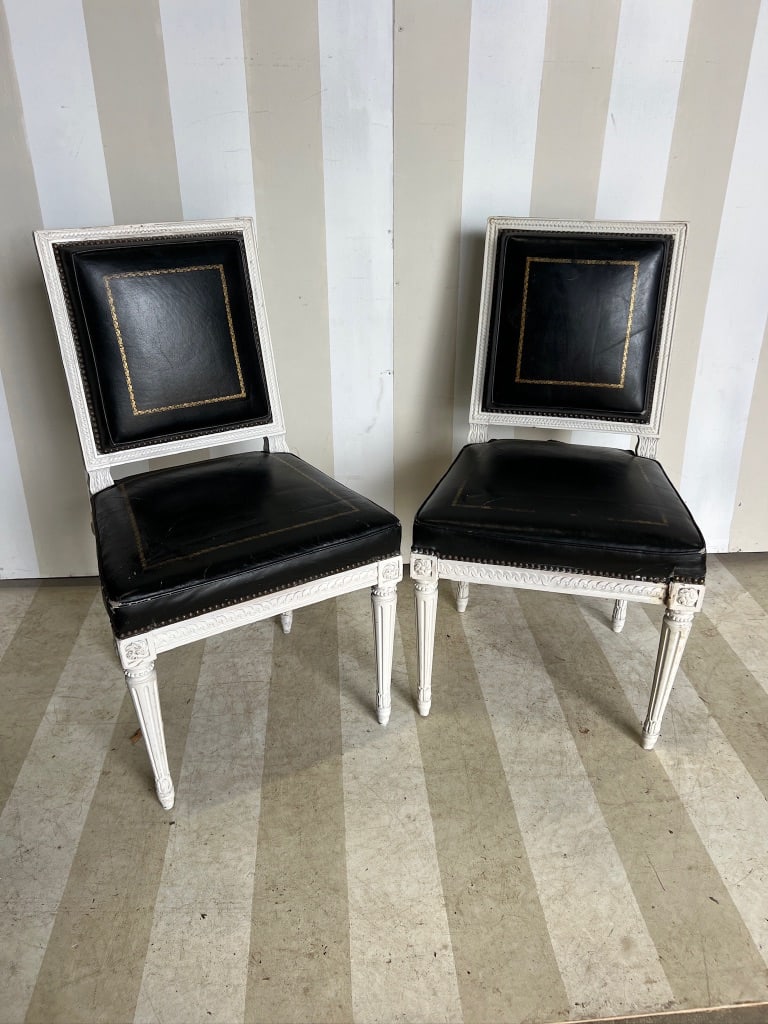 Chic pair of Paint Decorated Directoire Style Chairs with Tooled Leather Upholstery (1 of 9)