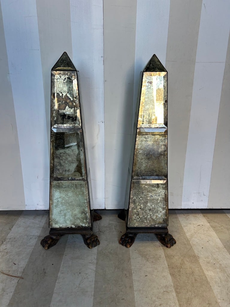 Fabulous Pair of Beveled and Antiqued Mirrored Obelisks on Paw Feet: Fabulous Pair of Beveled and Antiqued Mirrored Obelisks on Paw Feet