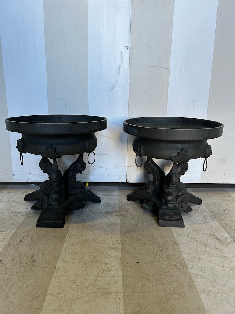 Great Pair of Metal Dolphin Form Urns: Great Pair of Metal Dolphin Form Urns