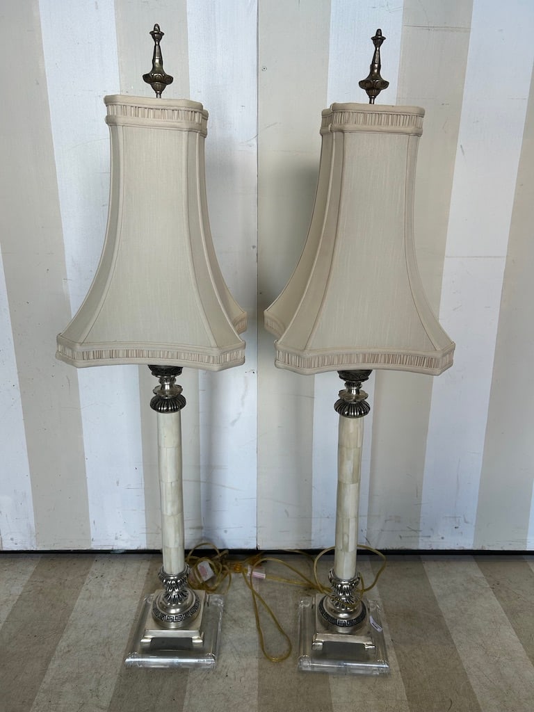 Great Pair of Tessellated Lamps with Lucite Bases: Great Pair of Tessellated Lamps with Lucite Bases