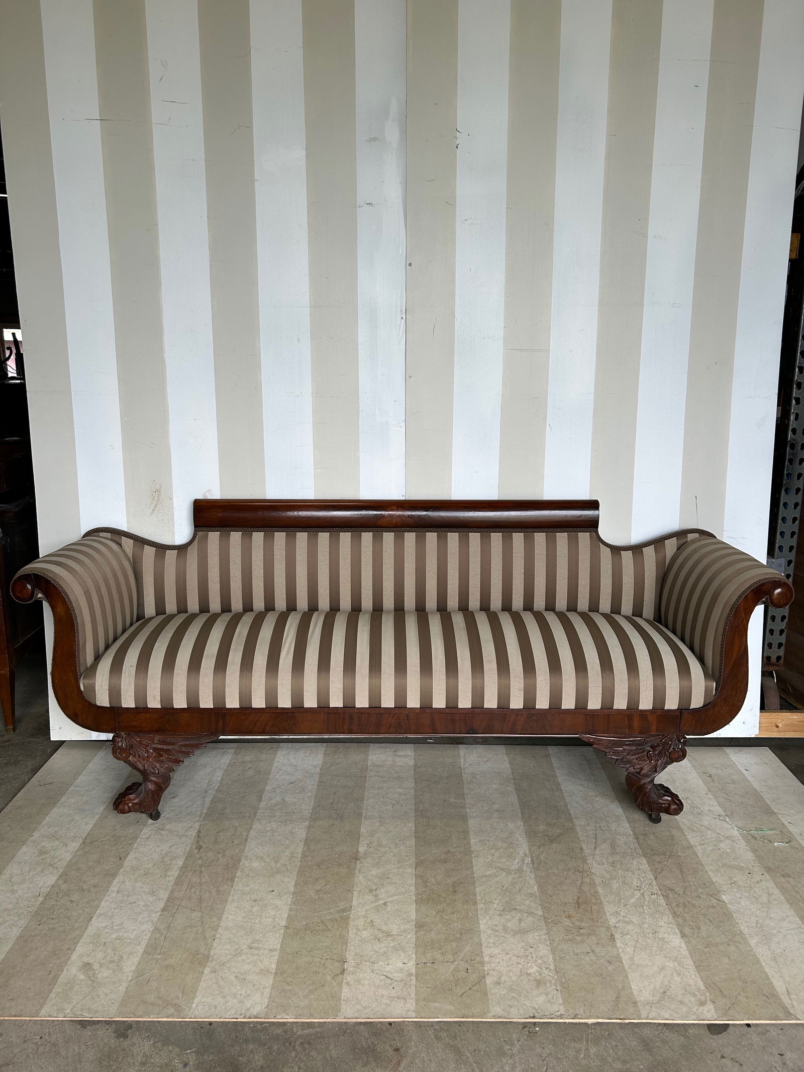 19th Century American Hairy Paw Foot Classical Sofa: 19th Century American Hairy Paw Foot Classical Sofa with custom upholstery