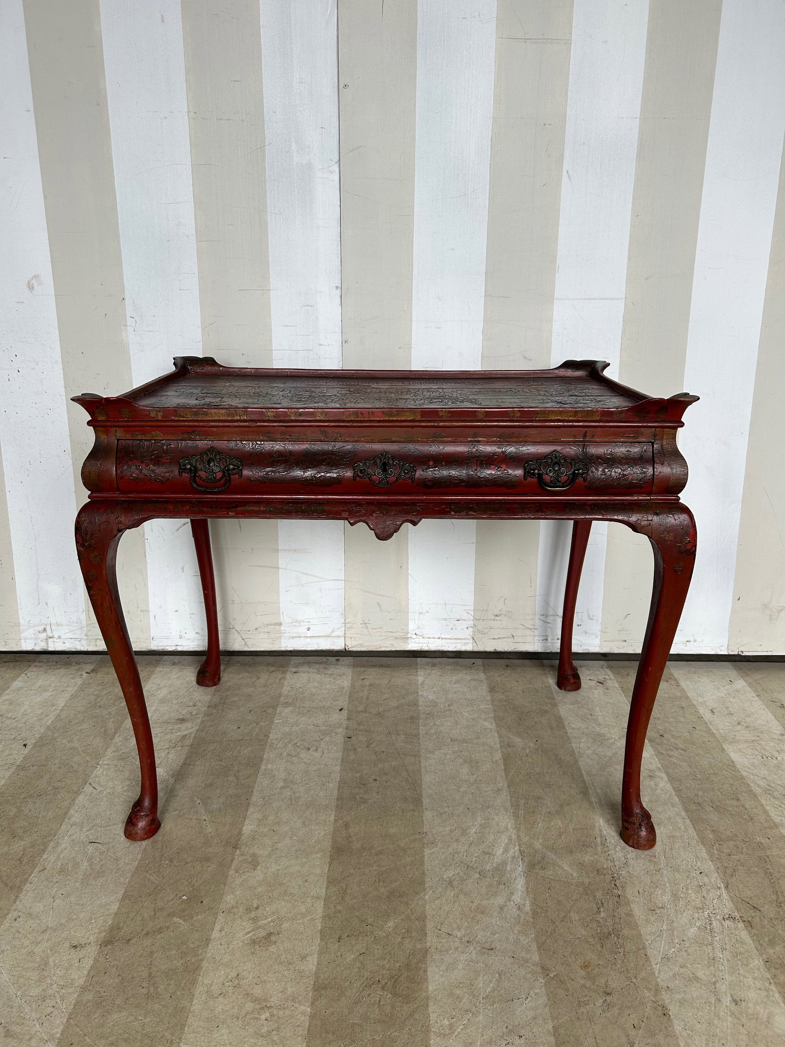 19th Century Red Chinoiserie Decorated English Baw and Claw Foot Desk: 19th Century Red Chinoiserie Decorated English Baw and Claw Foot Desk