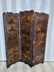 19th Century Continental Paint Decorated Leather and Canvas Screen