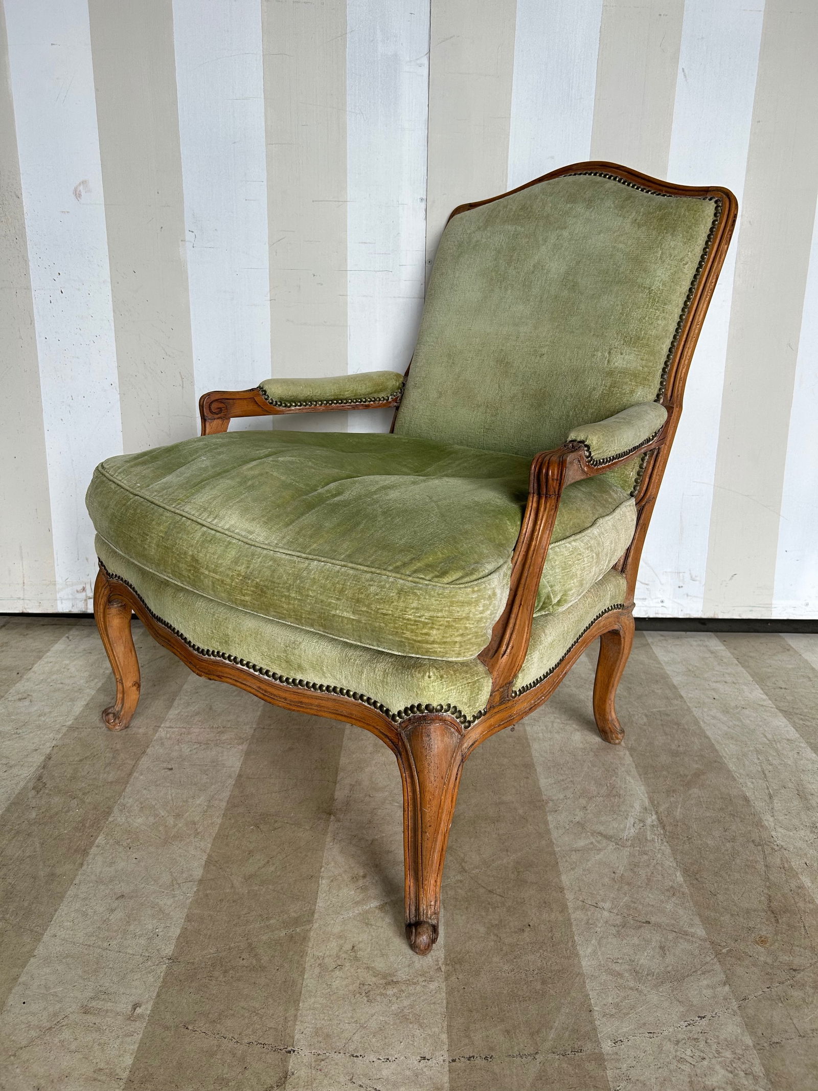 French Fauteuil in Designer Green Velvet Upholstery, likely 19th Century: French Fauteuil in Designer Green Velvet Upholstery, likely 19th Century