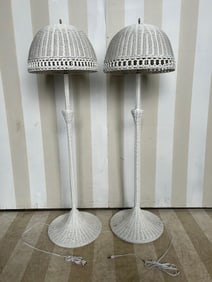 Pair of Vintage Wicker Floor Lamps with Original Wicker Shades