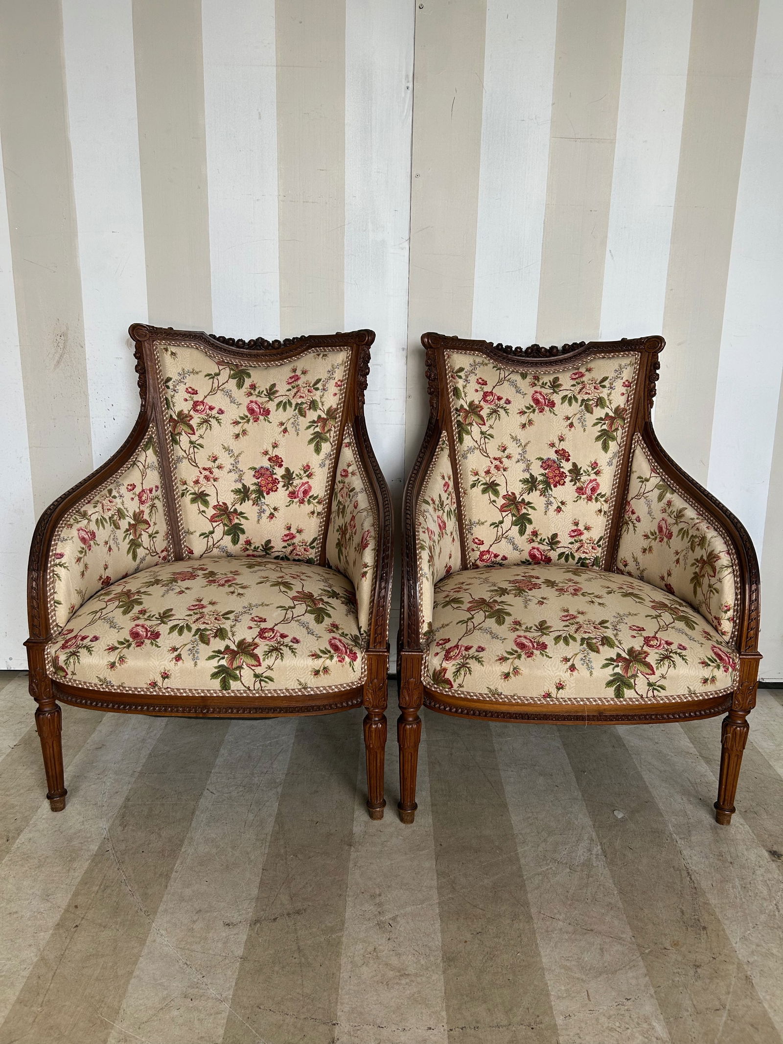 Pair of Antique French Bergères, likely 19th Century: Pair of Antique French Bergères, likely 19th Century