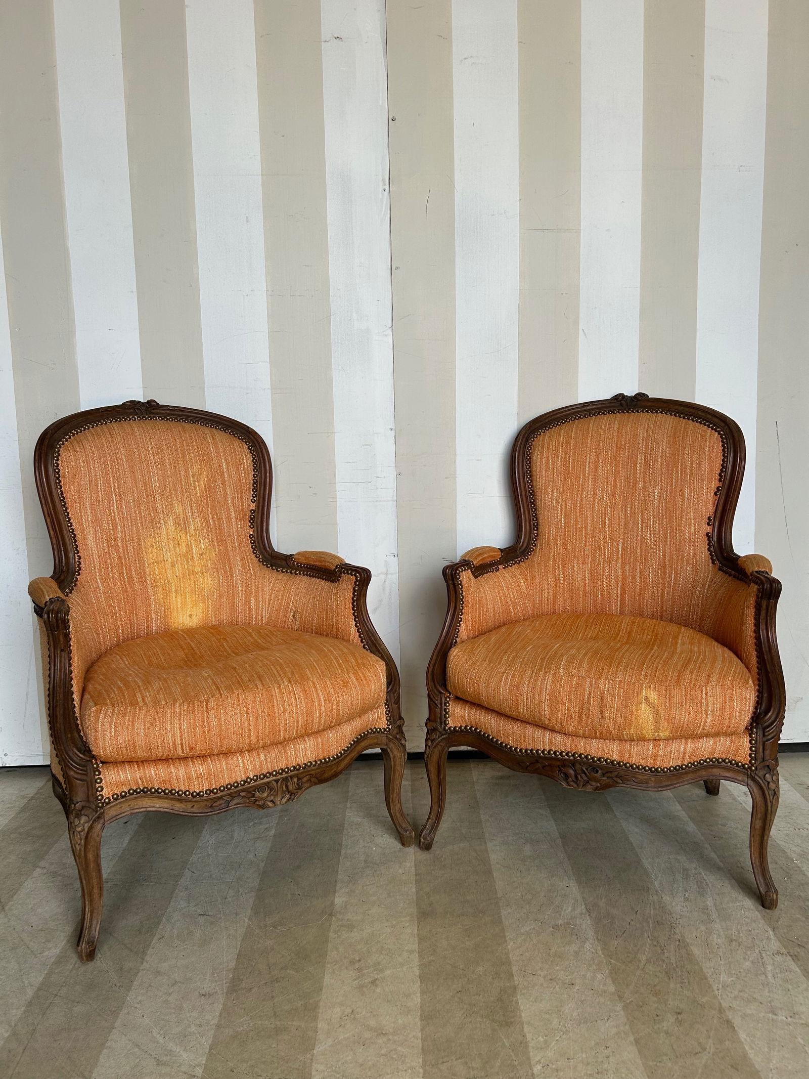 Nice Pair of French Bergères in Designer Upholstery, Likely 18th- 19th Century: Nice Pair of French Bergères in Designer Upholstery, Likely 18th- 19th Century
