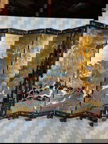 6 Panel Gold Leaf Chinoiserie Screen- Double Sided