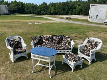 Fantastic Wicker set with Designer Cushions and Faux Painted Table from a Fan Neighborhood Estate