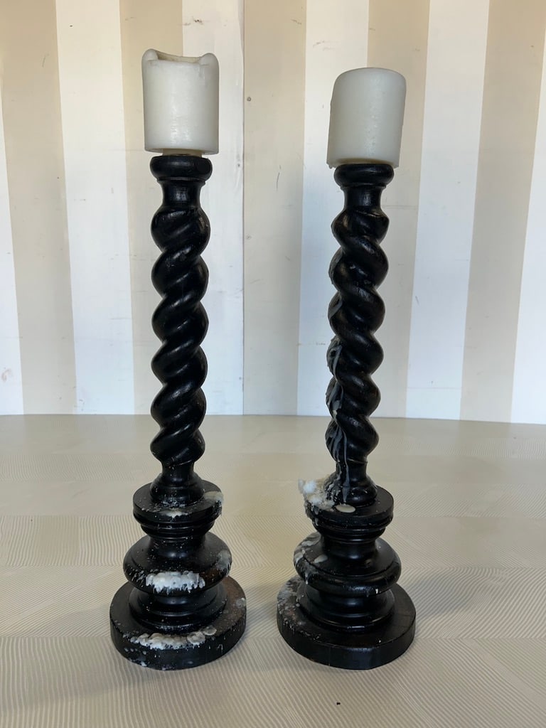 Pair of Large Barley Twist Ebonized Candlesticks: Pair of Large Barley Twist Ebonized Candlesticks