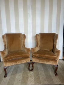 Pair of Vintage Wingback Chairs in Chocalate Brown Velvet Upholstery