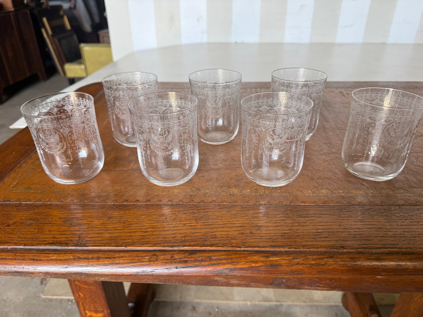 RARE Theodore Roosevelt 7 piece etched highball set
