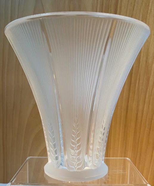 Lalique EPIS Crystal Vase: 6.5 tall. Elegant multi-panel vase embellished with wheat pattern. 6.5 diameter. Signed Lalique France.