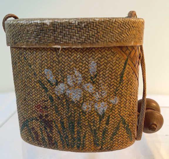 Antique Lacquered Netsuke Box with Lid: Basket weave with hand-painted flowers and wood knob. 3.5 wide, 3.5 tall.