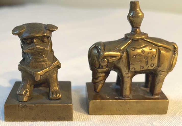 Two Antique Brass Chinese Seals: Palace dog is 1.35 tall, elephant is 2 tall.