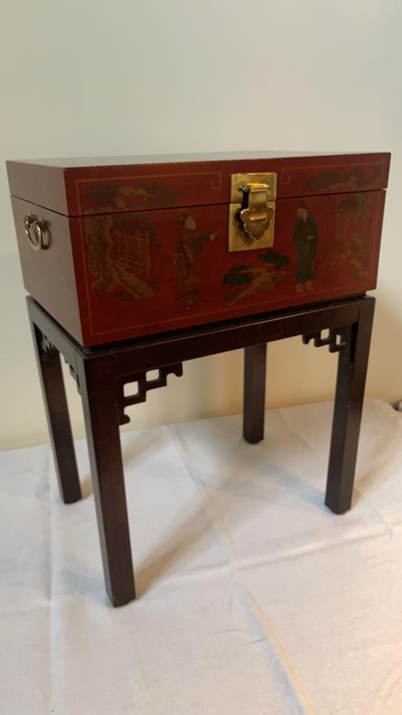 Painted Chinoiserie Box on Chippendale Base: Drexel Furniture, Et Cetera Collection. All one piece, 17 X 11.5 X 22 tall.