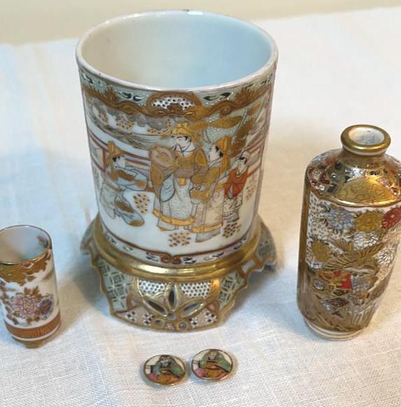 Three Pieces Japanese Satsuma & Two Buttons: Brocade around rim of porcelain. Largest piece is 3.25 X 4.5 tall