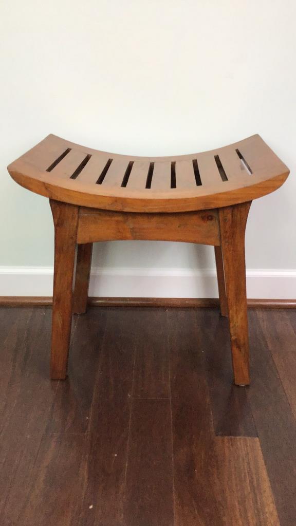 Teak Asian Spa Bench: Curved teak bench, great condition, 20 X 19 tall.