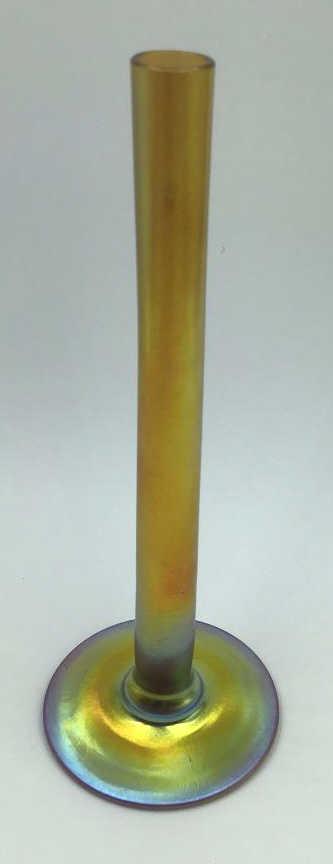 Art Glass Bud Vase, Iridescent, Signed: 2.75 diameter by 7.5 tall.