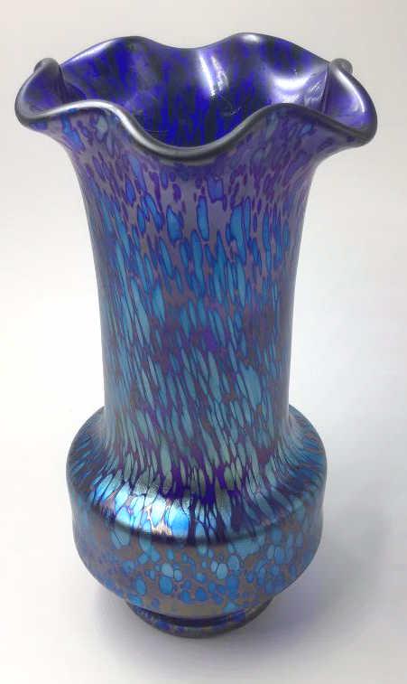 Art Glass Vase, Blue Iridescent, Czechoslovakia: 3 diameter by 6 tall.