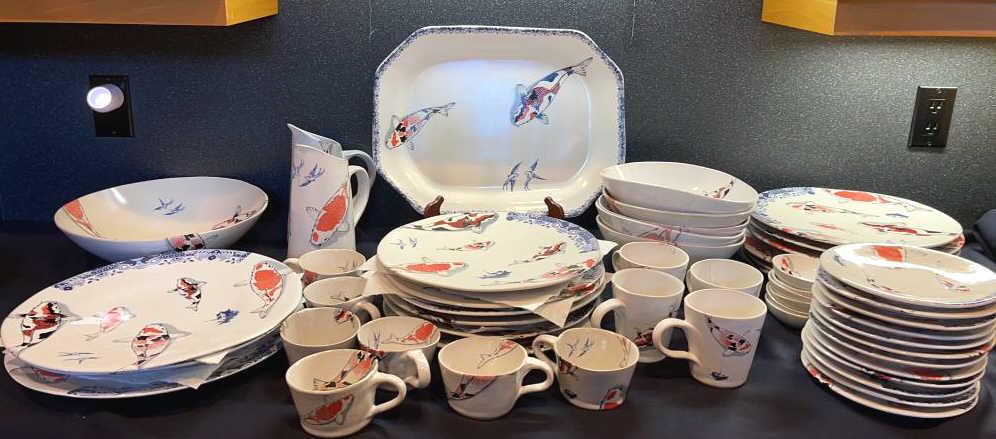 Hand-Made Dinnerware by Mervyn Gers Ceramics: Studio in Cape Town, South Africa. Red Koi with Willow. 1-17.25 platter, 1-12.75 bowl, 3-14 in plates, 12-12.5 in plates, 5-9 in bowls, 2-8.75 tall pitchers, 12-7.75 plates, 6-3.75 bowls, 4-4 tall mug