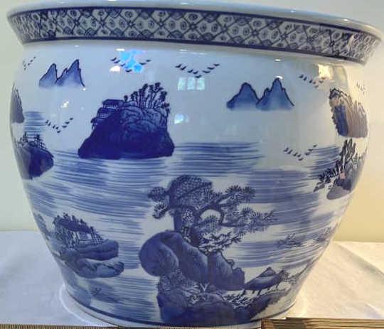 Blue and White Jardiniere: 16 dia X 12 tall.