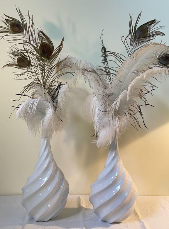 Pair Porcelain Swirl Vases with Feather Decor: Approximately 9 wide X 18.5 tall (without contents). Unmarked, very good condition.