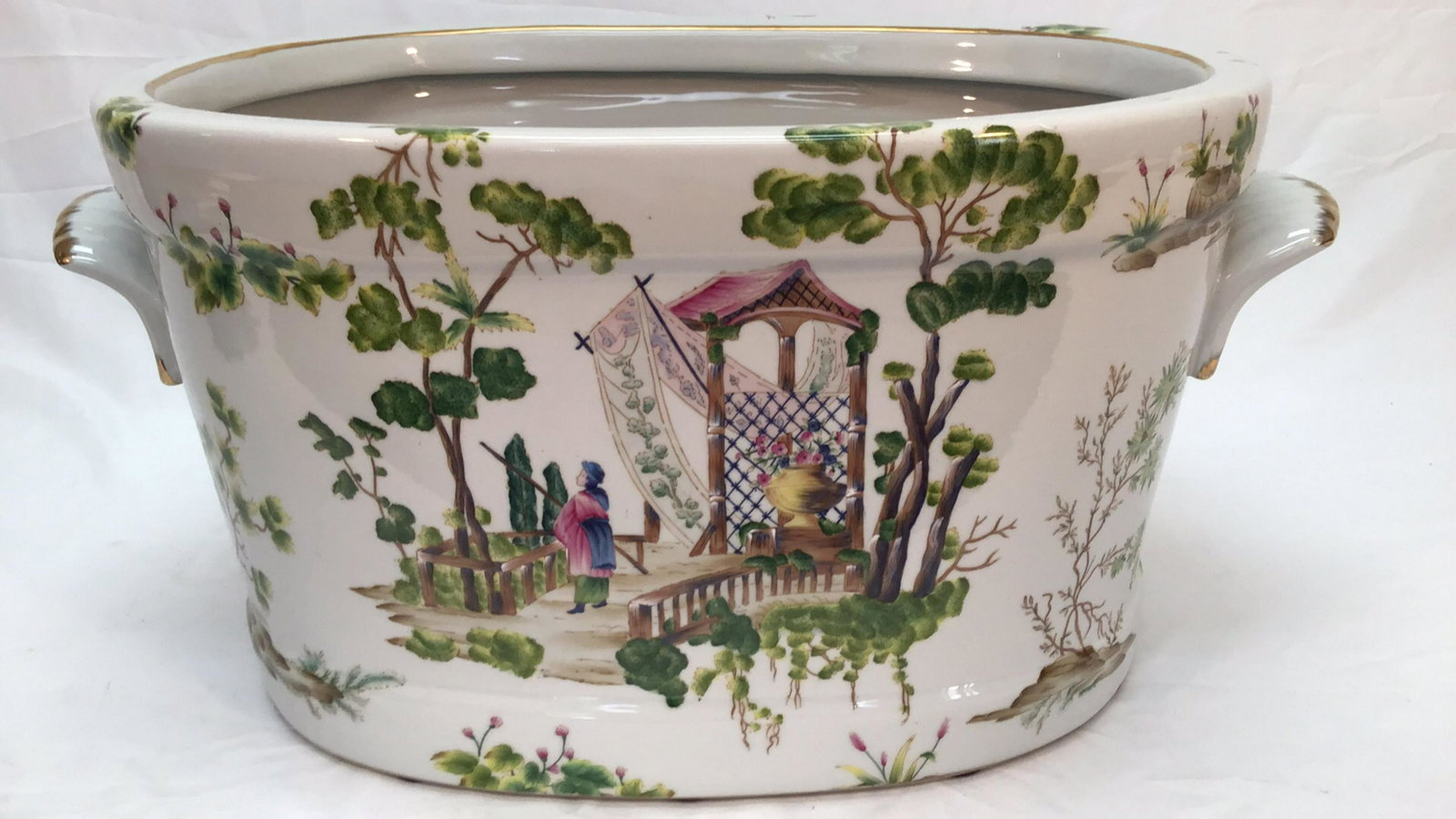 Vintage Speer Collectibles Porcelain Footbath: Approximately 23 wide including handles by 11 tall. Hand-painted Asian scene. Very good condition.