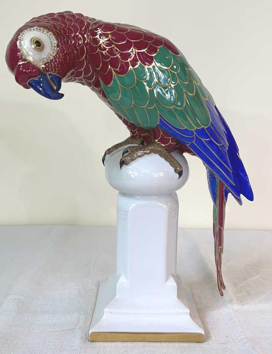 Enamel and Gold Painted Porcelain Parrot: 9 X 12 tall.Behscherzer Bavaria, no. 48.