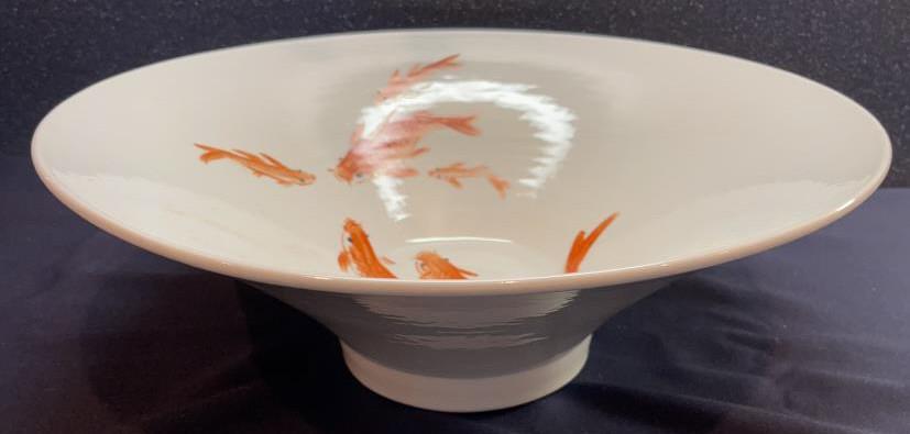 White Porcelain Koi Bowl: 16 dia by 6 tall. Unsigned.