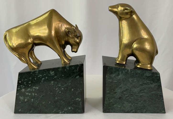 Vintage Bull and Bear Brass and Marble Bookends: Each approximately 5 X 2.5 X 8 tall.