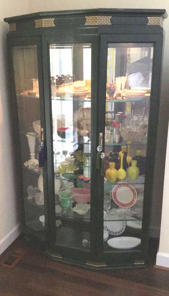 Two Door Mirrored Display Cabinet, One of Two: Chinese green with brass trim. Contents not included, 48 X 17 X 79 tall.
