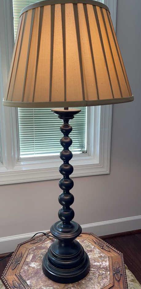 Bronze Asian Lamp: Heavy bronze with pleated shade, bronze finial. 34.5 tall (to top of finial).