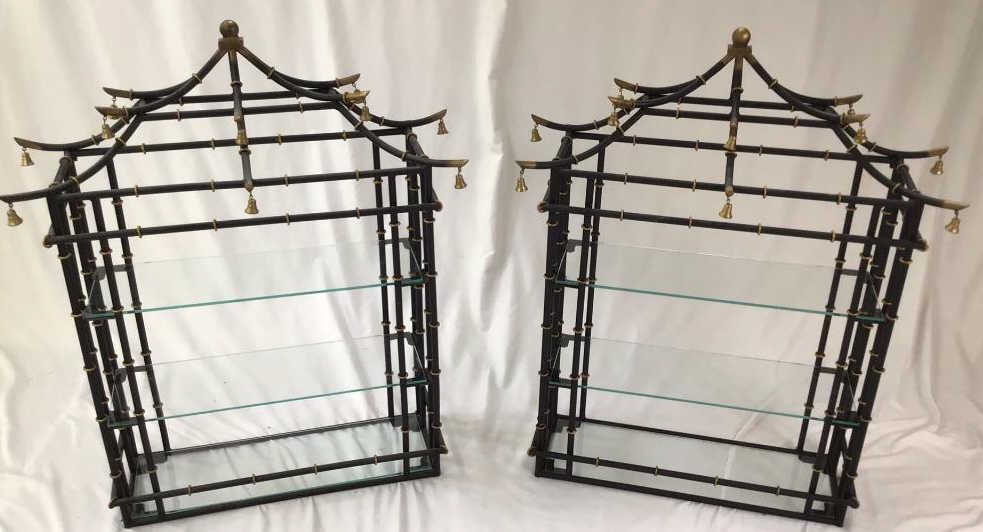 Oriental Wall Shelf Pair: Metal bamboo-look wall units with glass shelves. 24 X 9 X 34 tall.
