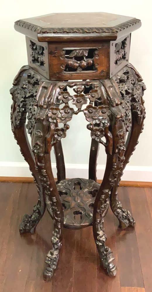 Antique Carved Chinese Fern Stand: Oriental stand, crack in marble top, no known breaks in solid wood carving. Very good condition for age of piece, 12x31 tall.