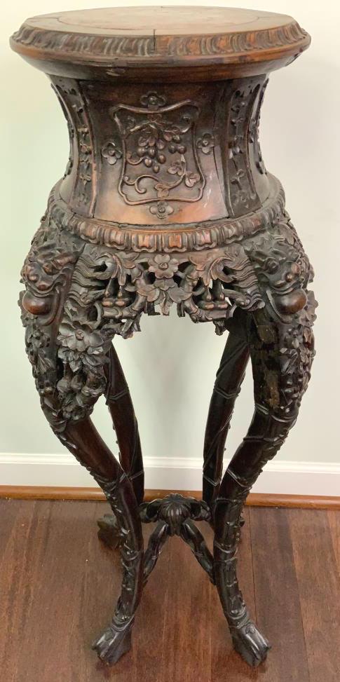 Unusual Heavily Carved Antique Chinese Stand: Marble top pairs with lot 156 marble, round Asian stand is in fair condition with one carving piece missing shown in photos, no marble cracks, 12x37 tall.