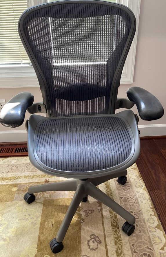 Herman Miller Aeron Mesh Desk Chair: Used, in very good condition. Fully adjustable graphite frame with tension control, height adjustment, adjustable arms, vinyl arm pads, rear tilt lock, and adjustable lumbar support. Approximately 27 