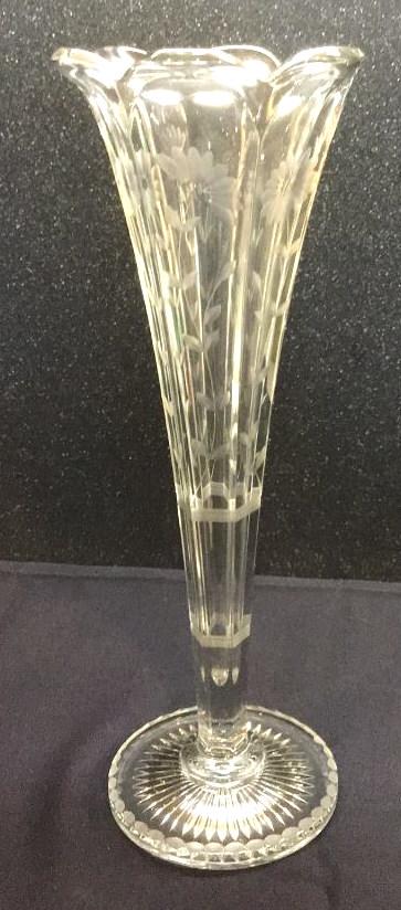 Antique Etched Heisey Trumpet Vase: 15.5 tall.