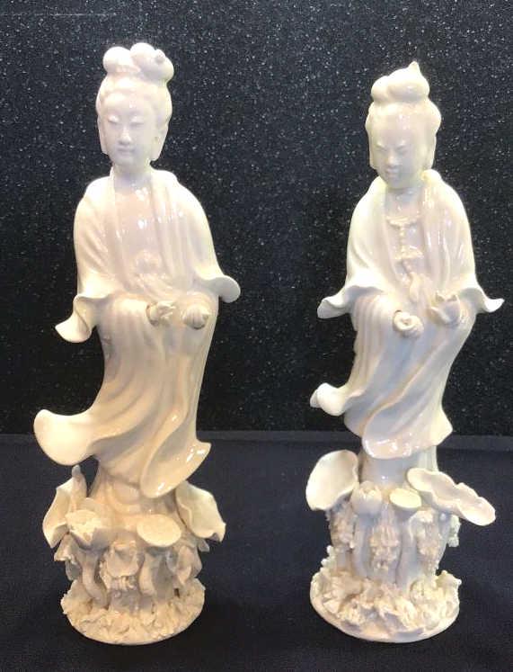 Pair Chinese Blanc de Chine Figurines: 10 tall, one figurine has 2 broken fingers and broken thumb.