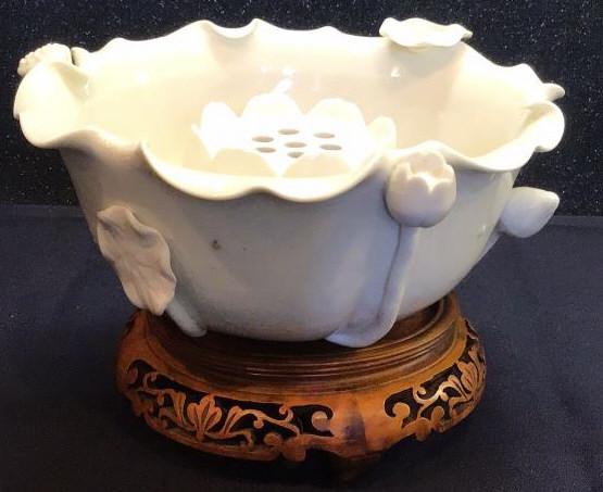 Chinese Blanc de Chine Lotus Bowl with Frog: 6 wide X 5.5 tall, some crazing and blemishes. Stand included.